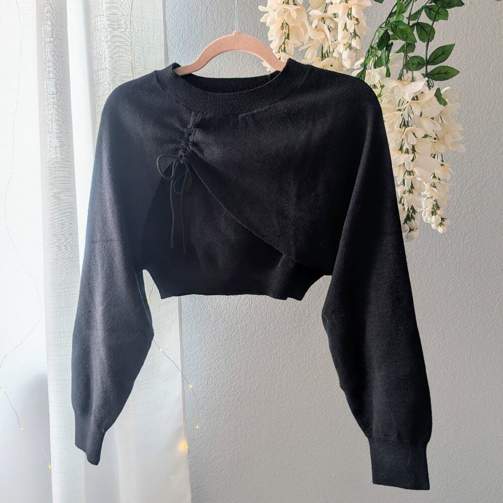 Batwing Sleeve Solid Knitted Shrug with Drawstring M | LEDIN